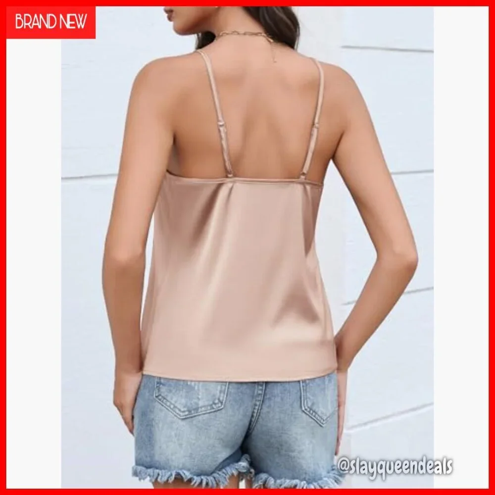 Satin V-Neck Camisole with Mesh Panel Adjustable Straps Relaxed Fit